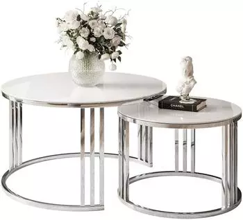 Lookway Lori Glass 2in1 runder Couchtisch, Glas wei&szlig;, Gestell verchromt silber (800001175722)