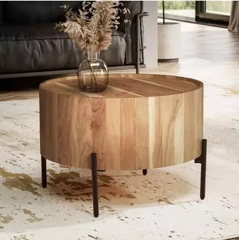 Finebuy Couchtisch Akazie Massivholz, rund 60cm, Trommelform, Metallgestell (FB105390)