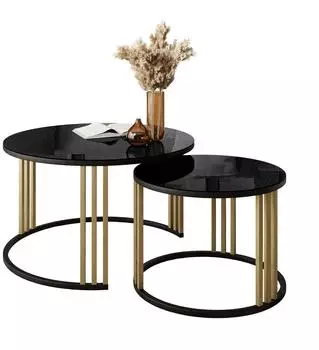 Lookway Lori Mix Glass Couchtisch 2in1, rund, schwarz/gold (⌀70/50cm)