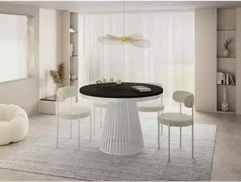WFL GROUP Naro runder Esstisch ausziehbar, Marmor Schwarz, wei&szlig;e Metallbeine, 120-200cm (800001307114)