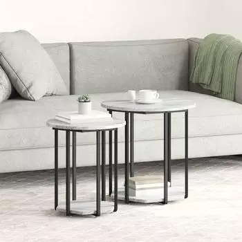 vidaXL Beistelltisch-Set mit Regal, 2er-Set, grau Sonoma, Holzwerkstoff und Metall (869717)