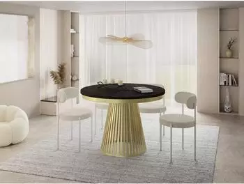 WFL GROUP Naro Esstisch rund ausziehbar 120-200cm, Marmor Schwarz, Metallbeine Gold (800001517272)