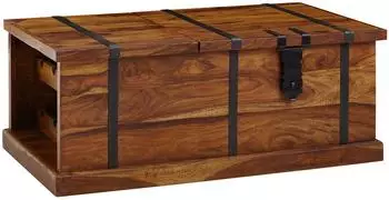 Finebuy Truhentisch Sheesham Massivholz mit Stauraum & Weinregal, 100x60x40cm (FB76025)
