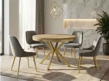 WFL GROUP Dina runder Esstisch ausziehbar, Lancelot Eiche, goldene Metallbeine, 100&ndash;180cm (800000561236)