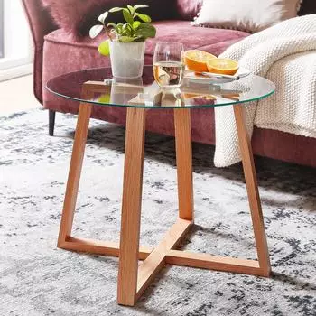 Finebuy Couchtisch FB31294 rund, Eiche Massivholz/Glas, 58x58x47cm (FB31294)