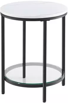 Vasagle Beistelltisch 2 Ebenen, Hartglas, wei&szlig;e Marmoroptik, schwarzes Gestell, &Oslash; 45cm