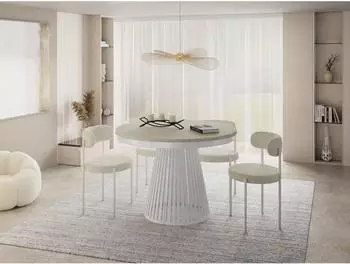 WFL GROUP Naro Esstisch rund ausziehbar, beige Cashmere, wei&szlig;e Metallbeine, 120-200cm (800001307151)