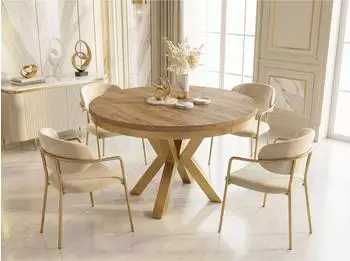 WFL GROUP Clara Gold runder ausziehbarer Esstisch, Craft Eiche, goldene Metallbeine (800001052172)