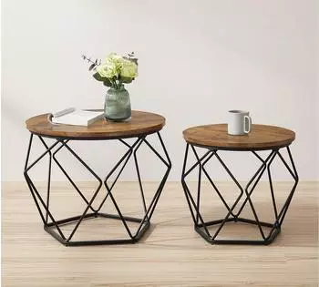 Vasagle Couchtisch rund 2er-Set, abnehmbare Tischplatte, vintagebraun-schwarz, Metall (&Oslash;60x45cm+&Oslash;50x40cm)