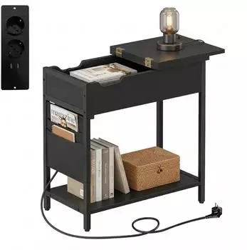 Relaxdays Beistelltisch mit Steckdose, USB-Ports und Seitentasche, 60x60x31,5cm, schwarz