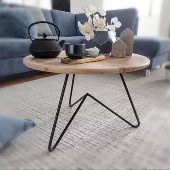 Finebuy Couchtisch rund 60cm, Akazien-Massivholz, Metallgestell (FB54887)