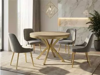 WFL GROUP Dina runder Esstisch ausziehbar, Sonoma Eiche, goldene Metallbeine, 100-180cm (800000561206)
