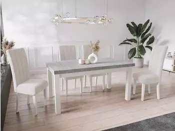 WFL GROUP Avena Esstisch ausziehbar, rechteckig, grauer Beton, weiße Holzbeine (800001052411)