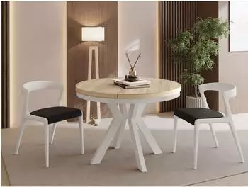 WFL GROUP Savio Neo runder Esstisch ausziehbar 80-130cm, Sonoma Eiche, wei&szlig;e Holzbeine (800001517277)