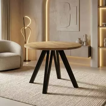 WFL GROUP Ravano runder Esstisch ausziehbar 100–140 cm, schwarze Holzbeine, Eiche Braun