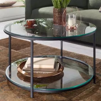Finebuy Couchtisch rund, Glas/Metall, &Oslash;80cm, mit Ablagefach (FB78983)