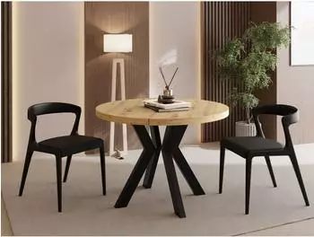 WFL GROUP Savio Esstisch rund ausziehbar, Eiche Artisan hellbraun, schwarze Holzbeine, &Oslash;100&ndash;300cm (800001517404)