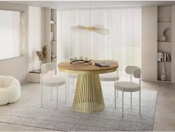 WFL GROUP Naro runder Esstisch ausziehbar, Eiche Braun, Goldgestell, 100&ndash;180cm (800001517412)