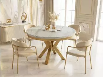 WFL GROUP Clara Gold runder ausziehbarer Esstisch, wei&szlig;e Marmoroptik, goldene Metallbeine (800001052163)