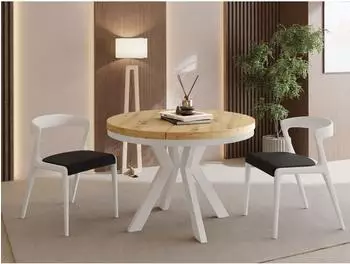 WFL GROUP Savio Neo runder Esstisch ausziehbar, Eiche Artisan hellbraun, wei&szlig;e Holzbeine, 80-130cm (800001517373)