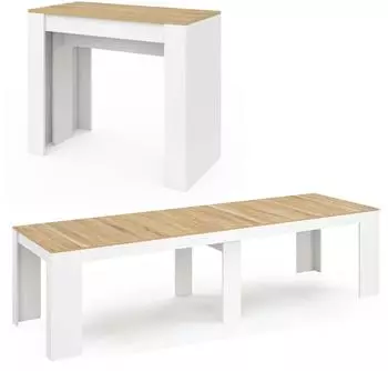 IDMarket Orlando ausziehbarer Konsolentisch 14 Personen 300cm, weiß/Buchenholzoptik (11067)
