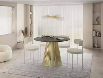WFL GROUP Naro Esstisch rund ausziehbar, Beton-Optik dunkelgrau, goldene Metallbeine (800001307176)