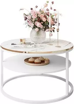 Lookway Coreil runder Couchtisch mit Ablage, Holzwerkstoff, weiß / Carrara Marmor, 70x49x70cm (800001751747)