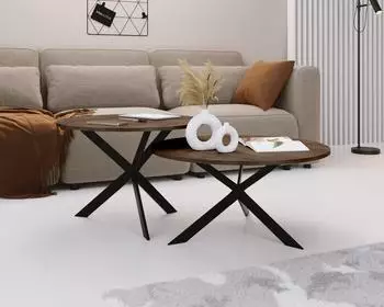 WFL GROUP Lev Couchtisch-Set 2er rund, Lefkas Eiche, Metallgestell schwarz (800001752571)