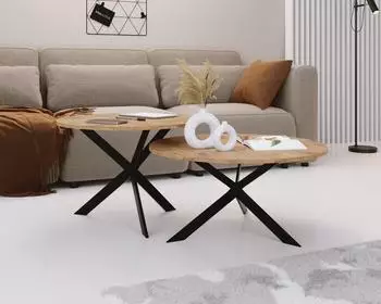 WFL GROUP Lev 2er-Set Couchtisch rund, Lancelot Eiche, Metallgestell schwarz (800001752551)
