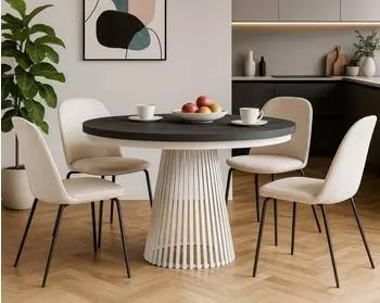 Beautysofa Lumi runder Esstisch, ausziehbar &Oslash; 100&ndash;180 cm, wei&szlig;/schwarz, Metallbeine