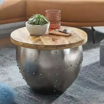 Finebuy Couchtisch FB24276 rund, Mango Massivholz/Metall, &Oslash;60cm, mit Stauraum (FB24276)