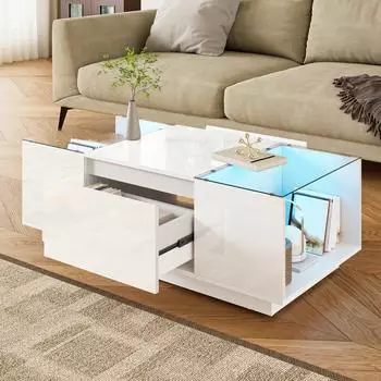 Stilvora Couchtisch mit LED-Beleuchtung, 2 Schubladen, wei&szlig; Hochglanz, 105x50x35cm (QTEV46AUXIS12)
