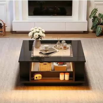 MODFU Couchtisch quadratisch mit Glasplatte, schwarz, 70x70x30cm