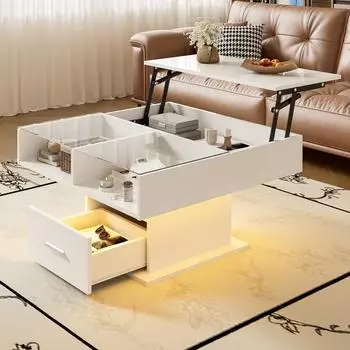 Stilvora Couchtisch mit Liftfunktion, LED, Schublade, Glasablage, Hochglanz, wei&szlig; (QTES5BV97HNAR4ET)