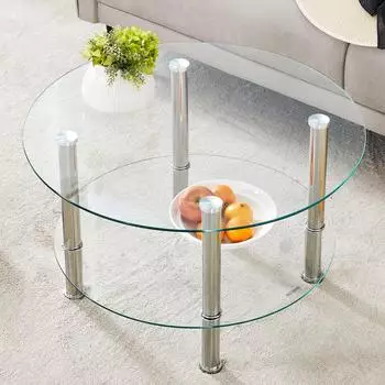 Stilvora Couchtisch rund 2-stufig, Glas, silberne Metallbeine, 70x42cm
