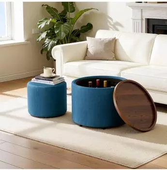 MODFU Couchtisch 2er-Set mit Holzablage und Stauraum, blau, 58x58x38cm