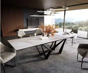 DeLife Edge Esstisch ausziehbar 200-300x100cm Keramik Onyx Pearl, Flachstahl schwarz (44938)