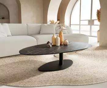 DeLife Edge Couchtisch oval 140x75cm Keramik Laminam&reg; Noir Desir, Metall schwarz (42806)