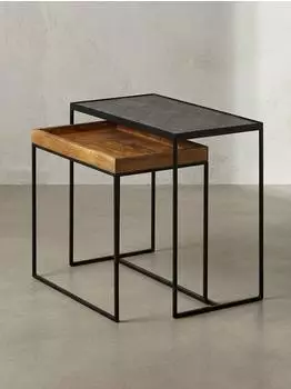 KADIMA DESIGN Beistelltisch-Set Industrial, Mango Massivholz, Eisen, anthrazit/braun, 60x50x30cm