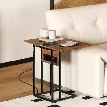 HomCom C-f&ouml;rmiger Beistelltisch, klappbar, mit Steckdosenleiste, rustikal-braun (29x57x39cm)