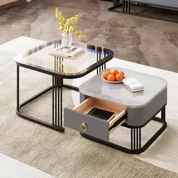 Stilvora Satztisch 2er-Set mit Schublade, Glasplatte, Marmoroptik, schwarz (QTEBIFXT1RJT29B)