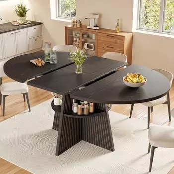 Stilvora Ausziehbarer Esstisch oval, schwarz, Ablagefach, abgerundete Ecken