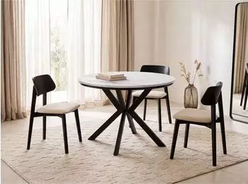 WFL GROUP Valio runder Ausziehtisch, Marmor Wei&szlig;, schwarze Metallbeine, 90-130cm