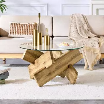 OKWISH Couchtisch mit Glasplatte, Kreuzgestell, rund &Oslash;79cm, MDF, natur