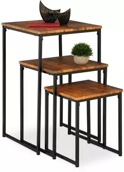 Relaxdays Beistelltisch 3er-Set, stapelbar, quadratisch, Metall/Holzwerkstoff, braun/schwarz (10049648_470)