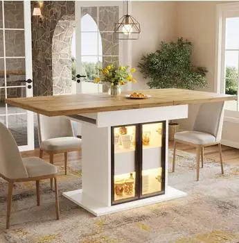 OKWISH Esstisch ausziehbar, MDF/Metall, wei&szlig;, RGB-LED, Glas-Schiebet&uuml;ren, 110-140cm
