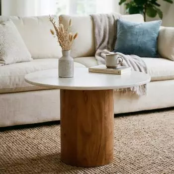 Idimex Yamuna runder Couchtisch Marmorplatte, Akazienholz, wei&szlig;/natur (60x42x60cm)