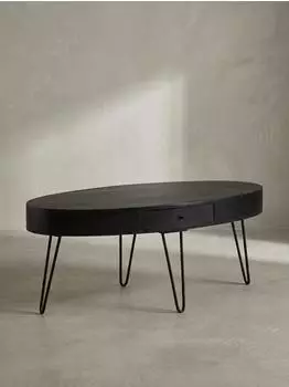 KADIMA DESIGN Couchtisch oval Mango-Massivholz mit Schublade, Haarnadelbeine, 100x50x40cm