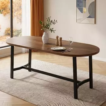 OKWISH Esstisch 180&times;80&times;75cm, abgerundete Ecken, Walnuss, Eisenbeine
