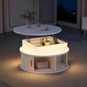 REDOM Couchtisch h&ouml;henverstellbar, wei&szlig; hochgl&auml;nzend, LED-Beleuchtung, 75x75x52cm